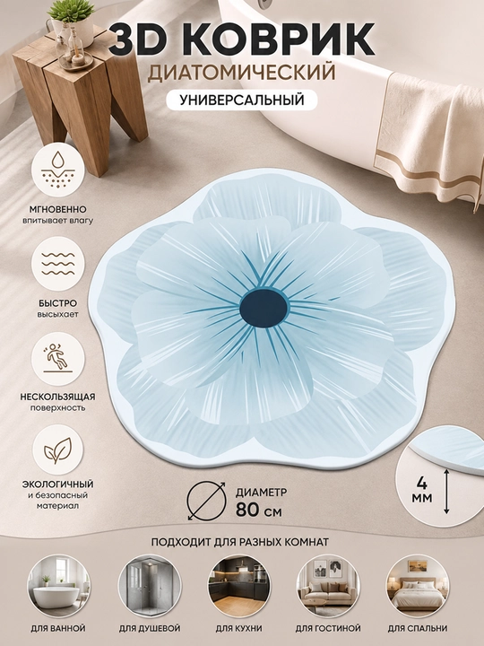 3D Коврик для ванной, нескользящий, водовпитывающий, диатомический коврик  диаметр 80 см - 