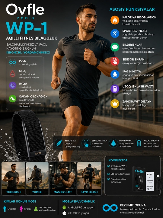 Умный фитнес-браслет OVFLE Zonix WP-1 с пульсометром, SpO₂, 100+ спортрежимов