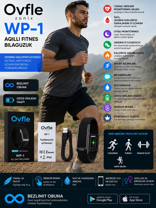 Умный фитнес-браслет OVFLE Zonix WP-1 с пульсометром, SpO₂, 100+ спортрежимов