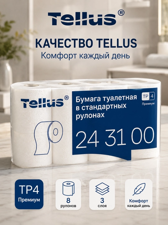 Туалетная бумага Tellus 24 31 00 Премиум, 8 рулонов, 3 слоя, 100% целлюлоза