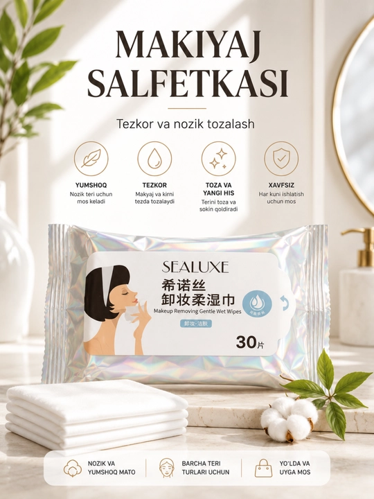 Влажные салфетки для снятия макияжа, 30 шт - 
