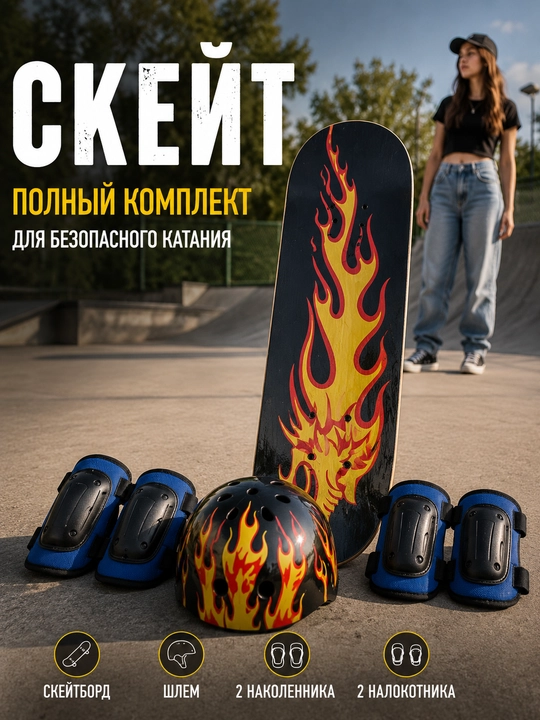 Скейтборд, скейтборд детский, скейтборд подростковый, комплект, скейт с защитой - 