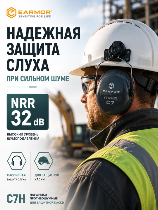 Наушники противошумные EARMOR C7H с креплением на защитную каску, NRR 32 дБ