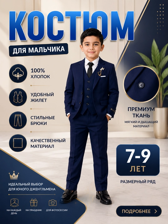 O'g'il bolalar uchun klassik kostyum 3 qismli, pidjak, jilet va shim, 7–9 yosh - 