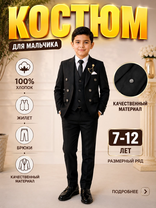 O'g'il bolalar uchun premium klassik kostyum 3 qismli, pidjak, jilet va shim, 7–12 yosh - 