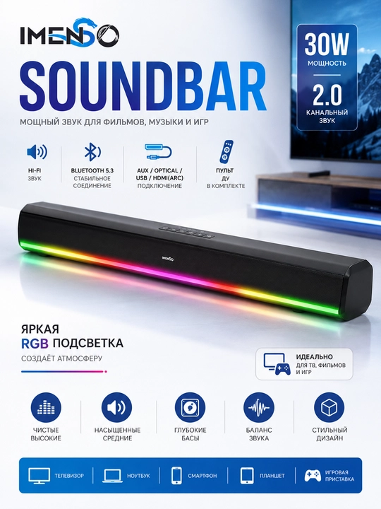 Саундбар IMENSO IMS-S3001B, Bluetooth, RGB-подсветка, Hi-Fi, эквалайзер - 