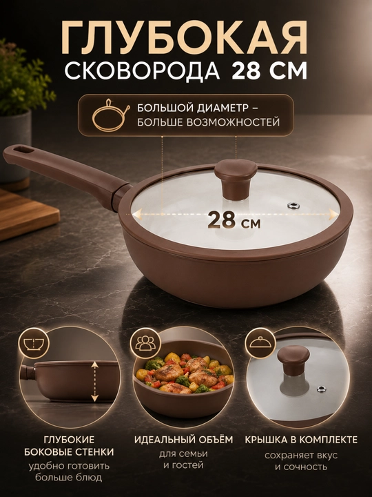 Tova chuqur qopqoqli yopishmaydigan qoplamali oshxona skovorodkasi, 24 sm