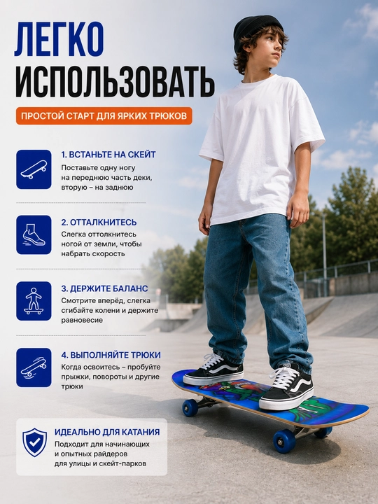 Скейтборд, детский скейтборд, комплект скейтборда, скейтборд с шлемом, скейтборд с защитой