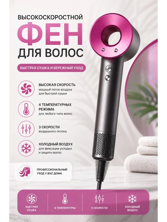 Фен для волос профессиональный, высокоскоростной, с ионизацией, холодный воздух - 