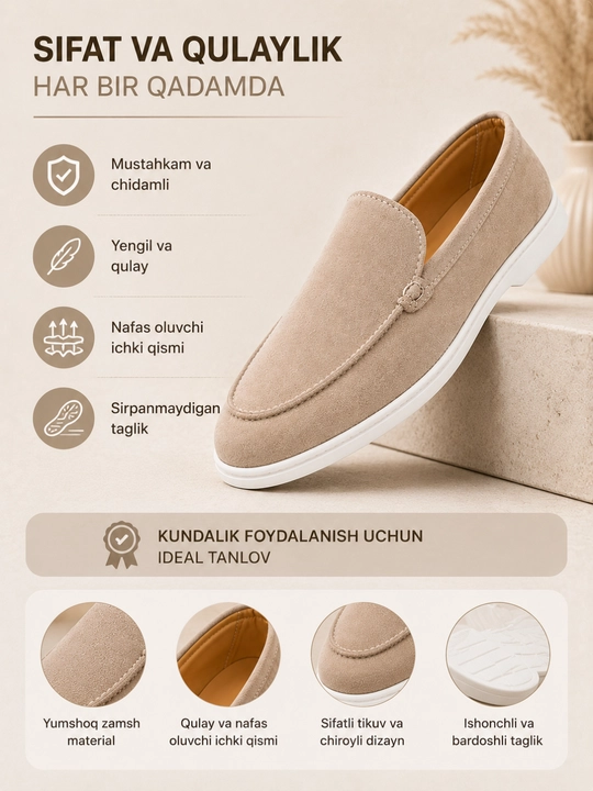 Erkaklar loferlari, 100% tabiiy zamsh, o‘lchami 39-43, Loro Piana( 1 ga 1 nusxa )