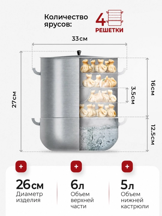 Katta Mantovarka-parovarka 15 L, 4 qavat — manti, chuchvara va bug‘da pishirgich uchun!