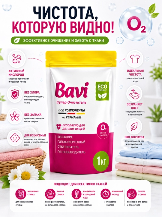 Bavi Кислородный очиститель, отбеливатель, пятновыводитель Bavi, 1 кг + 100 гр, без запаха