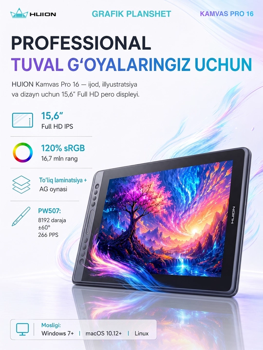 Grafik monitori Huion 15,6 duymli Kamvas Pro 16, USB-C, qora GT-156 - 
