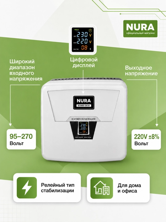 NURA BOM95-5KVA releli 95-270 V kuchlanishli devorga o‘rnatiladigan kuchlanish stabilizatori
