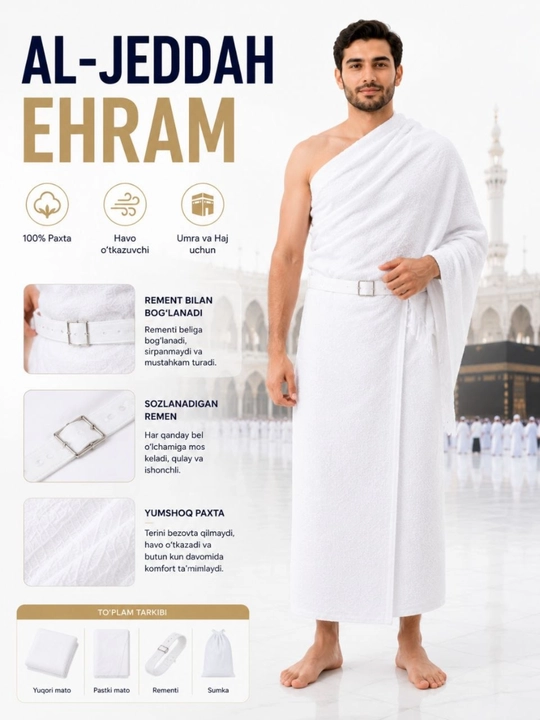 Erkaklar uchun ehrom to‘plami Al-Jeddah, belbog‘ va sumkali, Umra va Haj uchun
