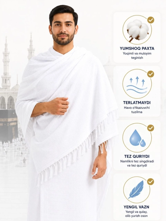 Erkaklar uchun ehrom to‘plami Al-Jeddah, belbog‘ va sumkali, Umra va Haj uchun