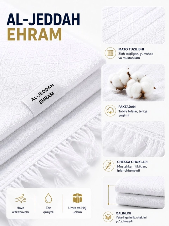 Erkaklar uchun ehrom to‘plami Al-Jeddah, belbog‘ va sumkali, Umra va Haj uchun