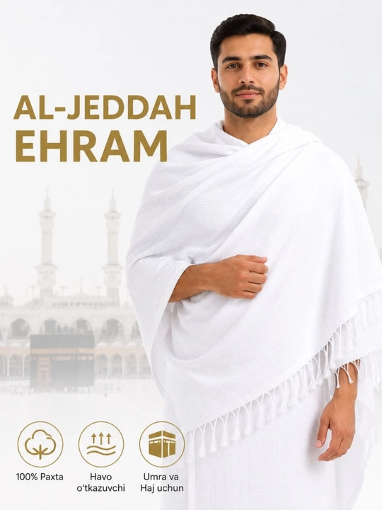 Erkaklar uchun ehrom to‘plami Al-Jeddah, belbog‘ va sumkali, Umra va Haj uchun