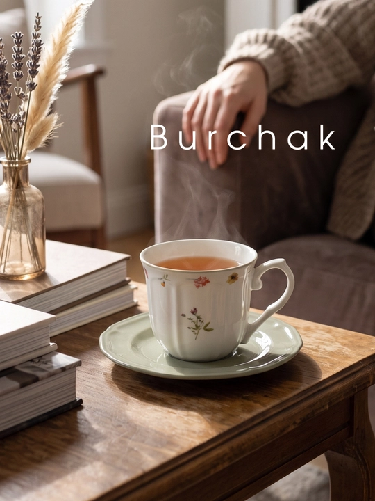 Burchak Spring Symphony choy juftligi, chinni, likopchali chashka, 250 ml, xaki, binafsha