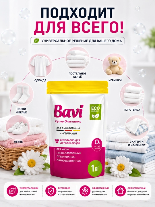 Bavi kislorodli tozalagich, oqartirgich, dog‘ ketkazuvchi vosita, 1 kg+100 gr, hidsiz