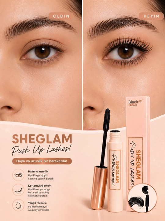 Kipriklar uchun "SHEGLAM Push Up Lashes Mascara" hajm va uzunlik beruvchi quloqchin, qora, 4 ml - 