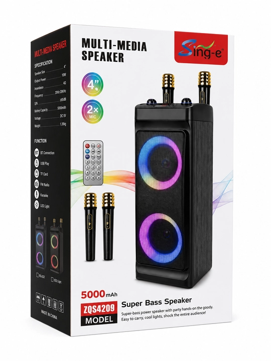 Колонка ZQS-4209 Super Bass с 2 беспроводными микрофонами, RGB-подсветкой и пультом