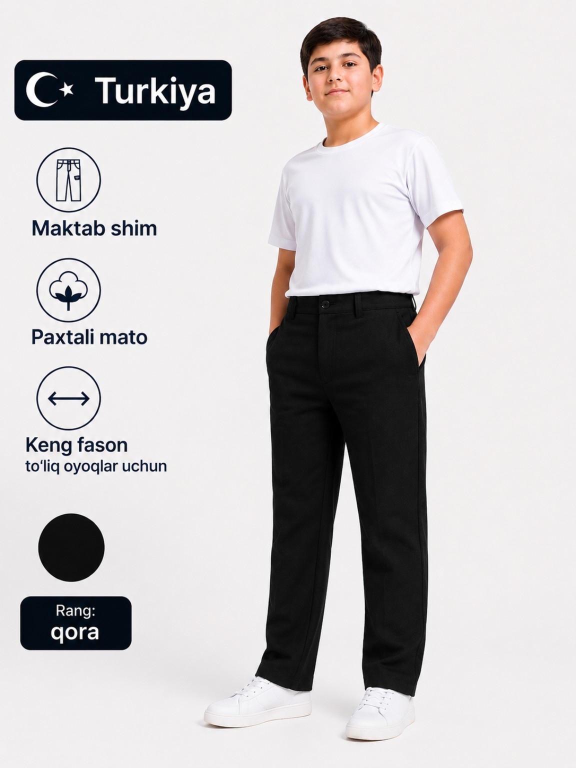 O‘g‘il bolalar uchun maktab shim, klassik shim, paxtali mato, keng fason, Turkiya - 