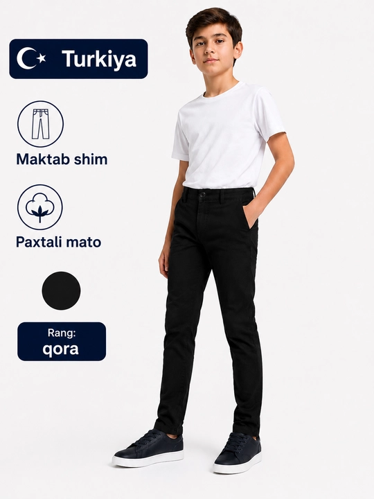 O‘g‘il bolalar uchun maktab shim, klassik shim, paxtali mato, keng fason, Turkiya - 