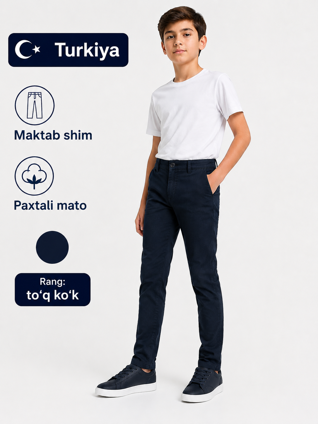 O‘g‘il bolalar uchun maktab shim, klassik shim, paxtali mato, keng fason, Turkiya - 