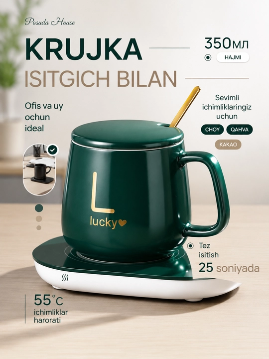 Krujka keramik, qopqoqli va isitkichli, qoshiq bilan, 350 ml - 