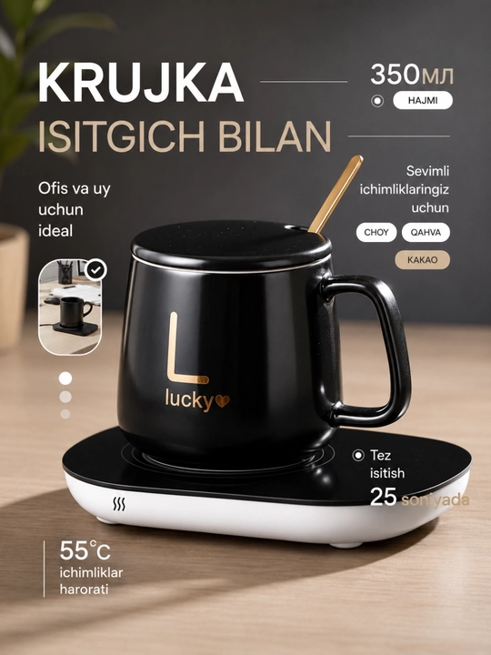Krujka keramik, qopqoqli va isitkichli, qoshiq bilan, 350 ml - 