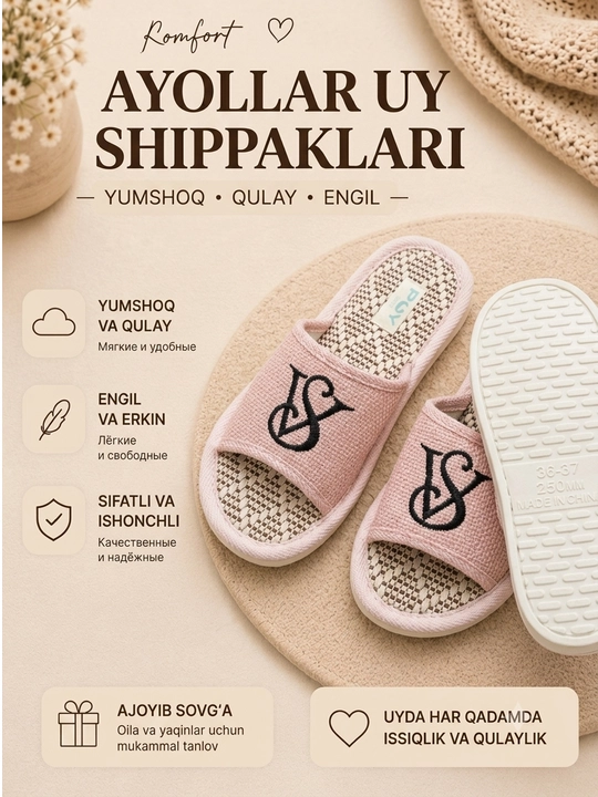 VICTORY'S SECRET uy shippaklari, ayollar uchun uy shippagi, domashniy tapochka
