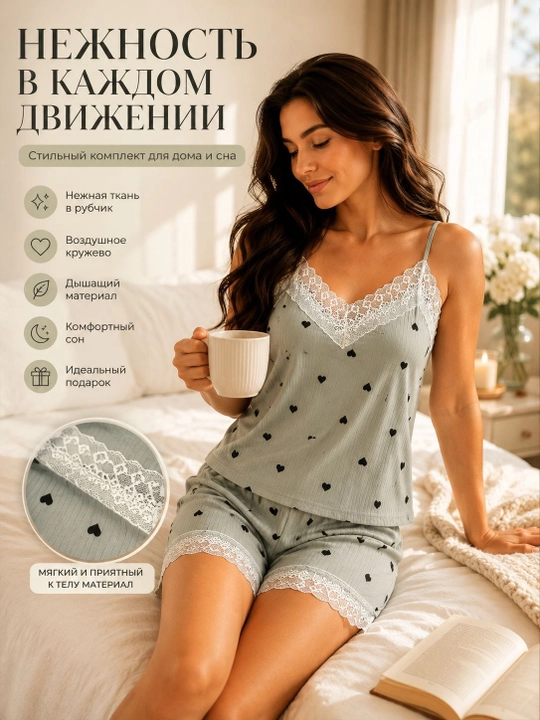 Женская мягкая пижама с кружевом, майка и шорты, хлопковый комплект для сна и дома - 