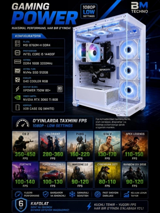 Kuchli o‘yin va ish kompyuteri – Intel Core i5-14400F + RTX 3060 Ti 8GB - 