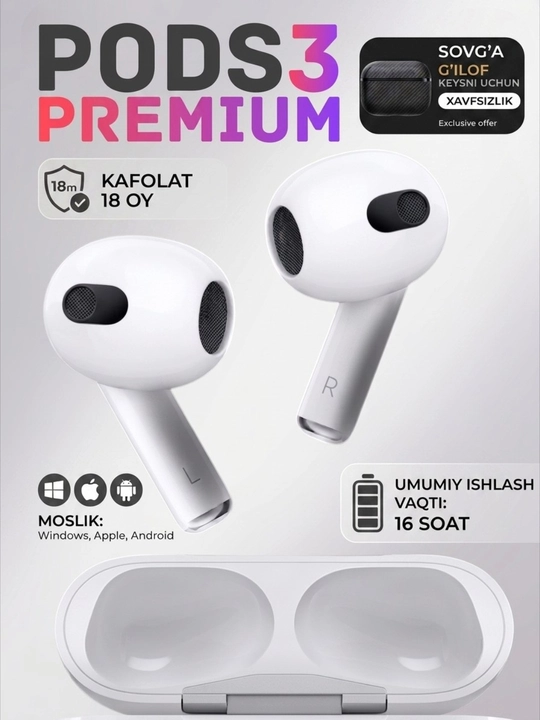 Наушники беспроводные Pods 3 Premium, для iPhone и Android, сенсорные - 