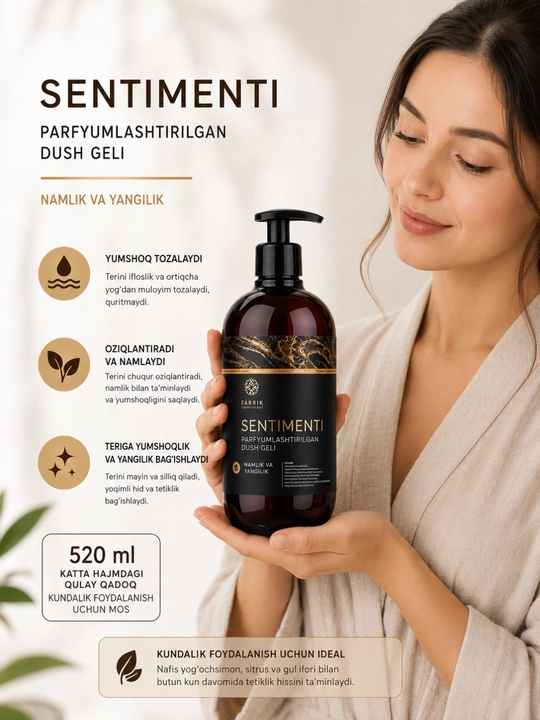 SENTIMENTI dush uchun xushbo‘y gel, 520 ml - namlash va yumshoq tozalash uchun
