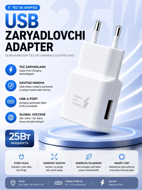Zaryadlash adapteri, 5 V, 2 A, USB, 500 mA/soat, tez zaryadlash - 