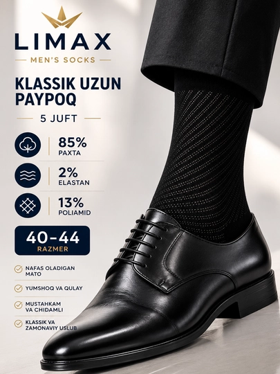 Erkaklar klassik paypog‘i, erkaklar paypog‘i, usti setkali paypoq, 5 juft, 40-44