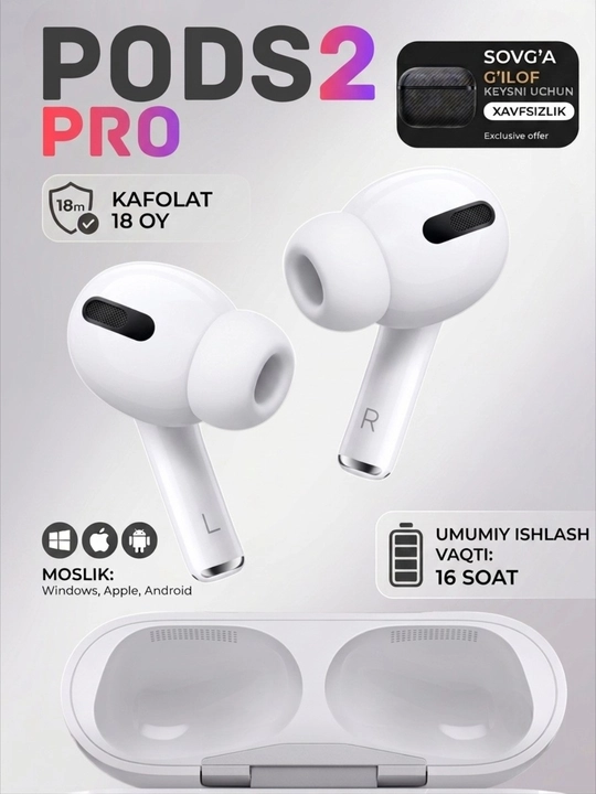 Наушники беспроводные Pods Pro 2 Premium, для iPhone и Android, сенсорные - 