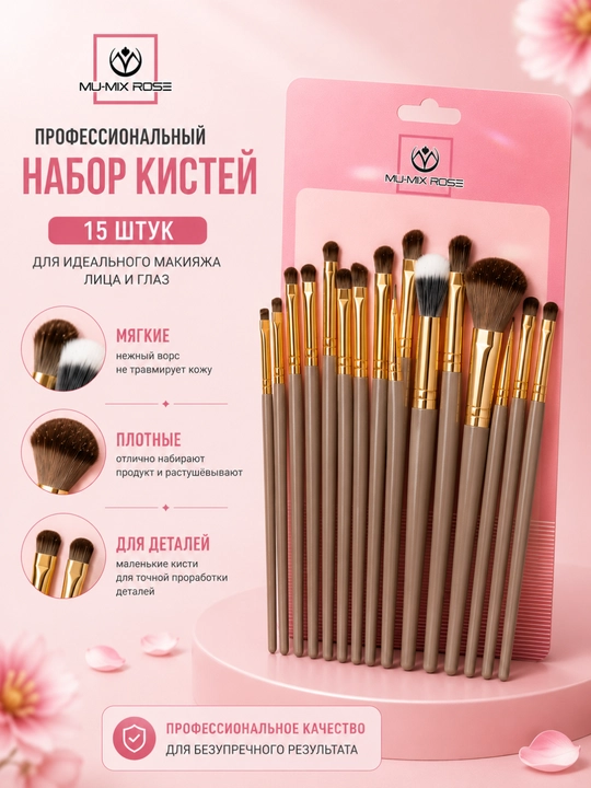 MU-MIX ROSE Professional | 15 dona professional makiyaj cho‘tkalari to‘plami - 