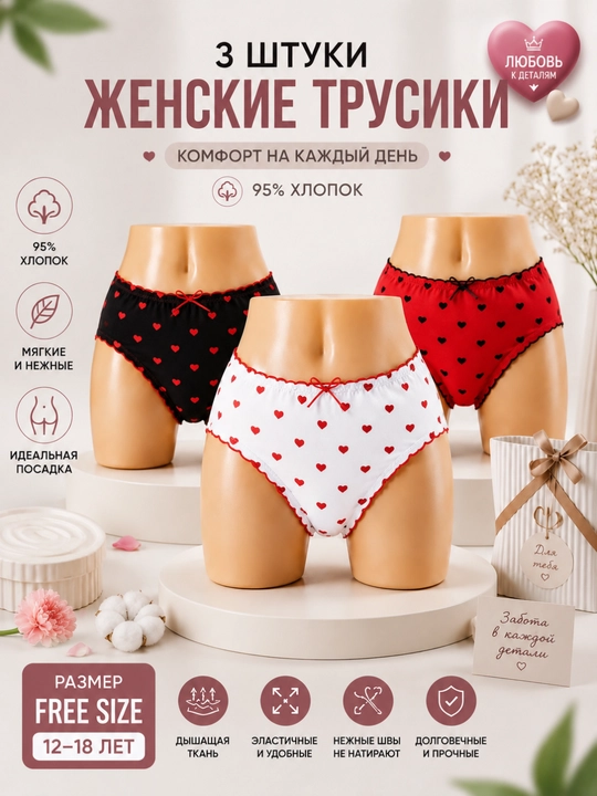 Комплект женских трусов Girls' Love, 3 шт, 95% хлопок, Free Size, 12–18 лет - 