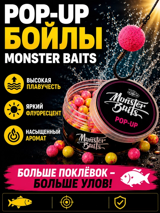 Monster Baits Pop-Up boyllari, 8 mm, karp va fider uchun