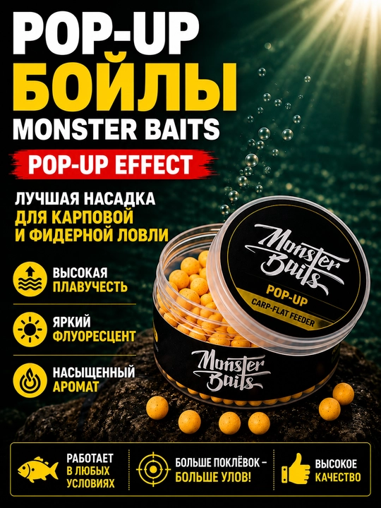 Monster Baits Pop-Up boyllari, 8 mm, karp va fider uchun