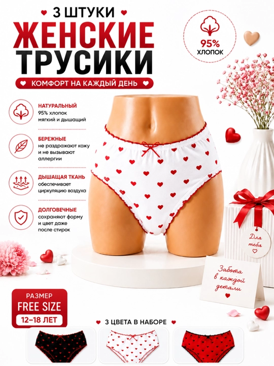 Комплект женских трусов Girls' Love, 3 шт, 95% хлопок, Free Size, 12–18 лет