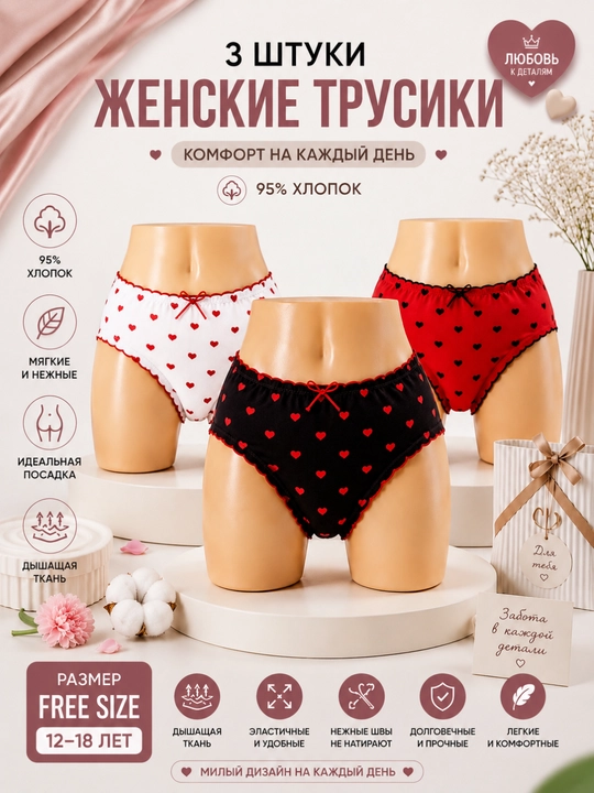 Комплект женских трусов Girls' Love, 3 шт, 95% хлопок, Free Size, 12–18 лет - 