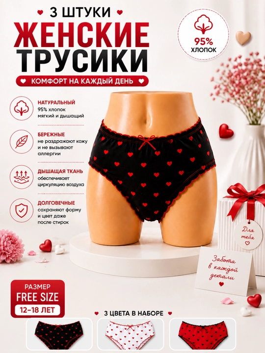 Комплект женских трусов Girls' Love, 3 шт, 95% хлопок, Free Size, 12–18 лет