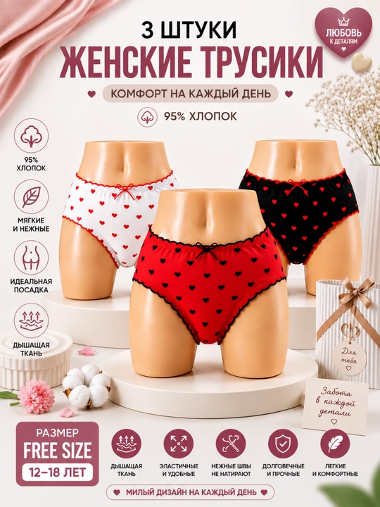Комплект женских трусов Girls' Love, 3 шт, 95% хлопок, Free Size, 12–18 лет - 