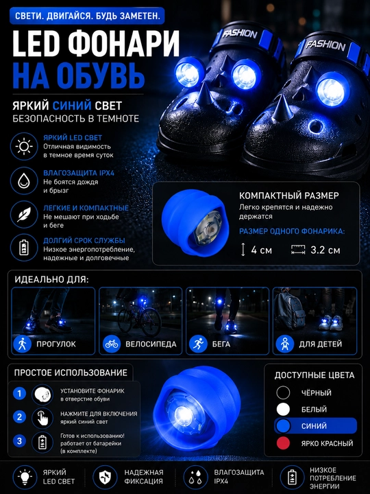LED фонари на обувь — комплект 2 шт - 