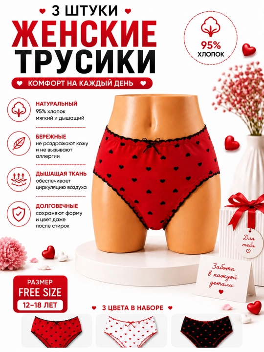 Комплект женских трусов Girls' Love, 3 шт, 95% хлопок, Free Size, 12–18 лет