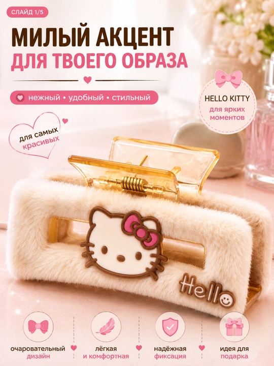 Заколка-краб для волос Hello Kitty, плюшевая, розовая - 